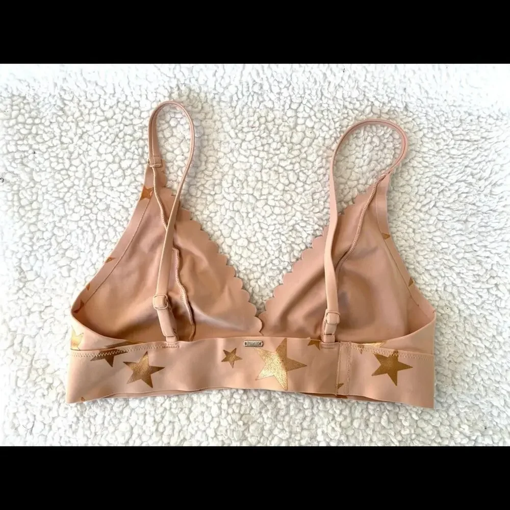 PINK Victoria’s Secret Bonded Scallop Star Plunge Pink & Gold Bralette Small